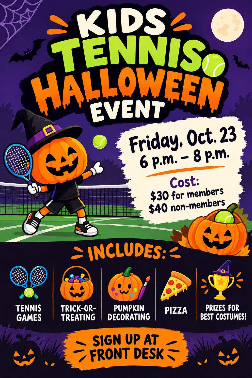 Kids Tennis Halloween Event – Friday, Oct. 23, 6–8 p.m. Cost: $30 members, $40 non-members. Includes tennis games, trick-or-treating, pumpkin decorating, pizza and prizes for best costumes. Sign up at the front desk.